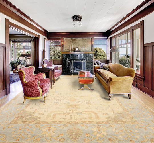 8'7''x11'8'' Hand Knotted Wool Ivory, Beige Oushak Transitional Rug