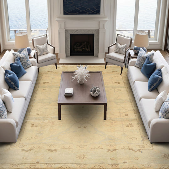 8'10''x12'1'' Hand Knotted Wool Beige, Celadon Fine Oushak Transitional Silky Sheen Velvety Soft Rug