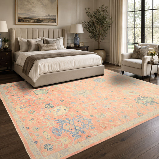 9'1''x11'9'' Hand Knotted Wool Blush, Blue Fine Oushak Transitional Rug