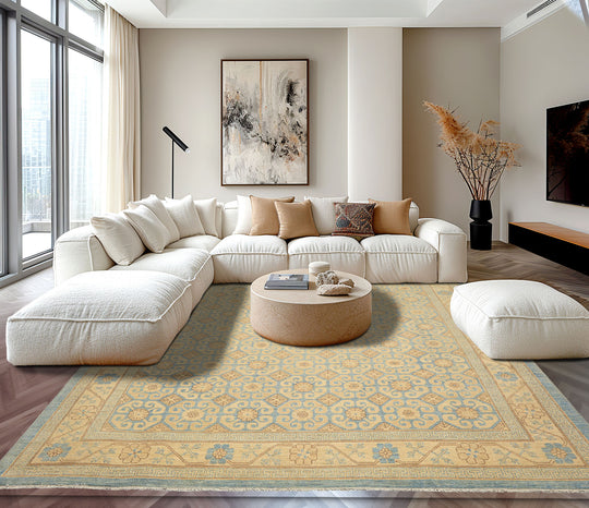 8'3''x10'9'' Hand Knotted Wool Beige, Aqua Superfine Chobi Peshawar Transitional Rug