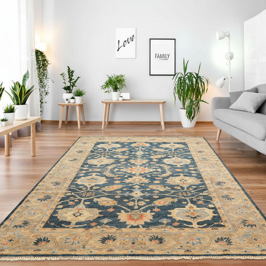 6x8'11'' Hand Knotted Wool Navy, Gray Oushak Arts & Crafts Rug