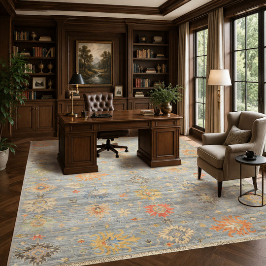 8x9'9'' Hand Knotted Wool Blue, Coral Oushak Arts & Crafts Rug