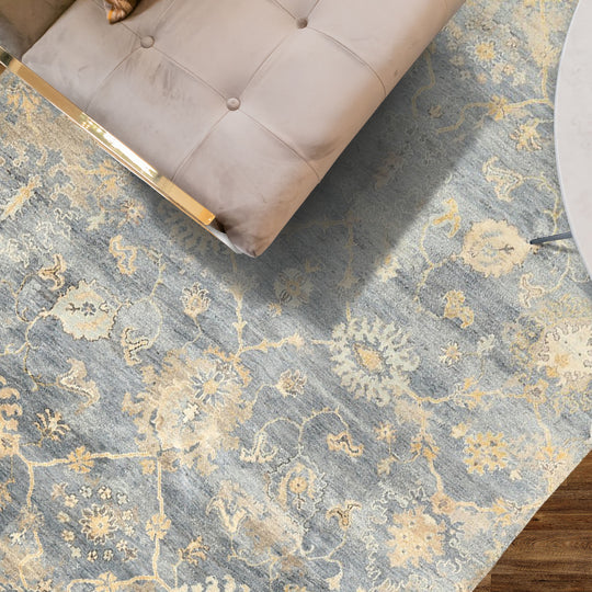 6'2''x8'10'' Hand Knotted Wool Slate, Blue Oushak Transitional Rug