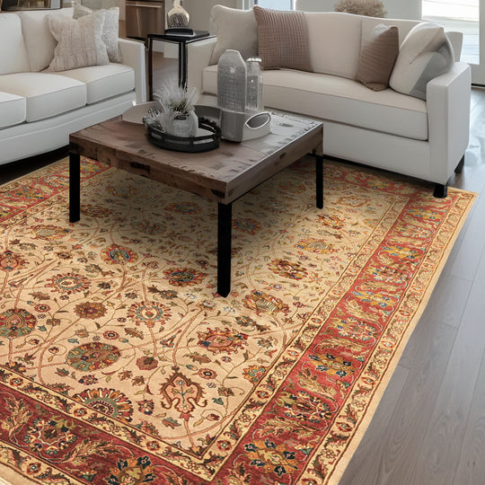 5'11''x8'9'' Hand Knotted Wool & Silk Tan, Maroon Kashan Traditional 150 KPSI Rug