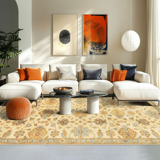 6x8'10'' Hand Knotted Wool Beige, Aqua Oushak Traditional Arts & Crafts Rug