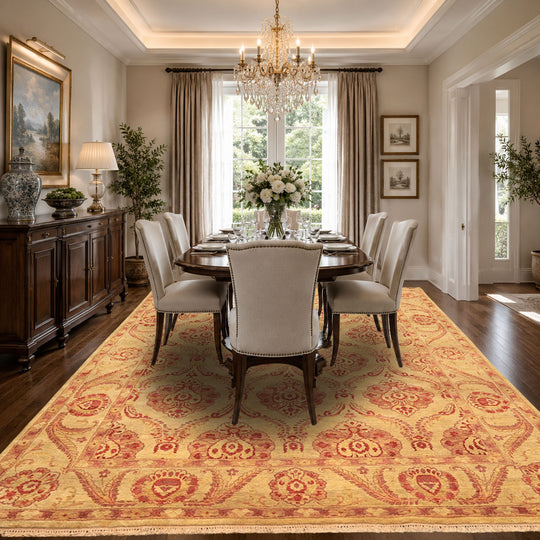 7'8''x9'9'' Hand Knotted New Zealand Wool Gold, Rose Oushak Transitional Tea Wash Antique Look Rug