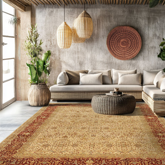 8x9'11'' Hand Knotted Wool Beige, Burnt Orange Agra Traditional 150 KPSI Rug