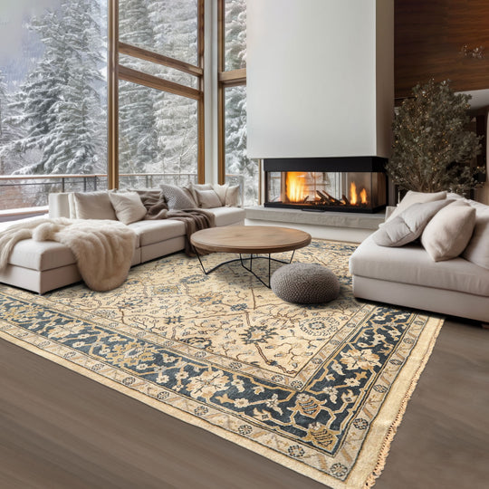7'11''x9'10'' Hand Knotted Wool Beige, Slate Oushak Transitional Rug