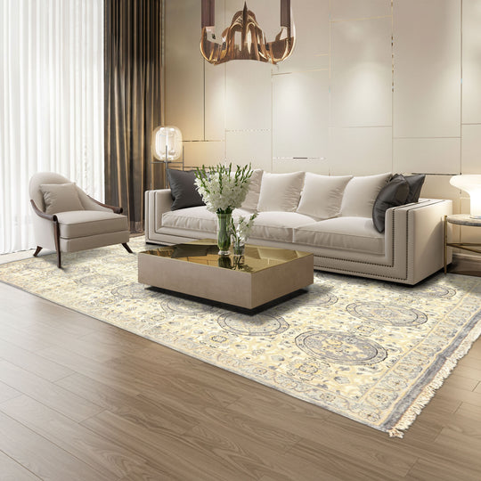 6x9 Hand Knotted Wool Ivory, Slate Superfine Oushak Transitional Rug