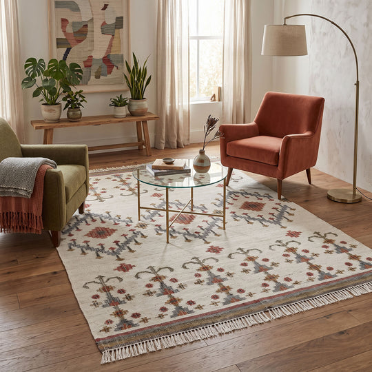 Multi Size Hand Woven Jute Rug Beige, Rust Southwestern Kilim Flatweave Rug