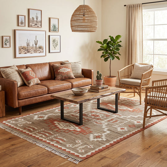 Multi Size Hand Woven Jute Rug Tan, Orange Southwestern Kilim Flatweave Rug