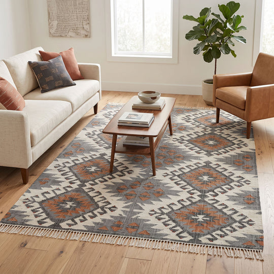 Multi Size Hand Woven Jute Rug Ivory, Gray Southwestern Kilim Flatweave Rug