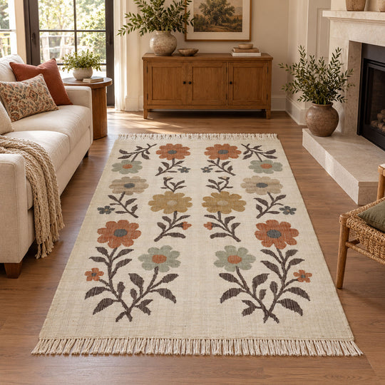 Multi Size Hand Woven Jute Arts & Crafts Rug Ivory, Brown Traditional Kilim Flatweave Rug