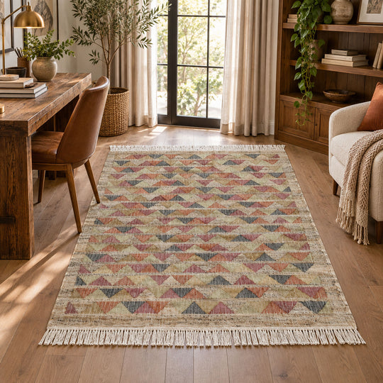 Multi Size Hand Woven Jute Rug Beige, coral Southwestern Kilim Flatweave Rug
