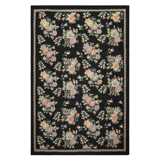 6x9 Hand Woven Wool Charcoal, Mint Portugese Needlepoint Traditional Floral Rug