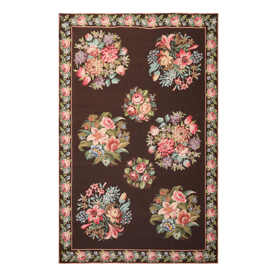 5'10''x9'2'' Hand Woven Wool Chocolate, Pink French Aubussion Needlepoint Traditional Floral Rug
