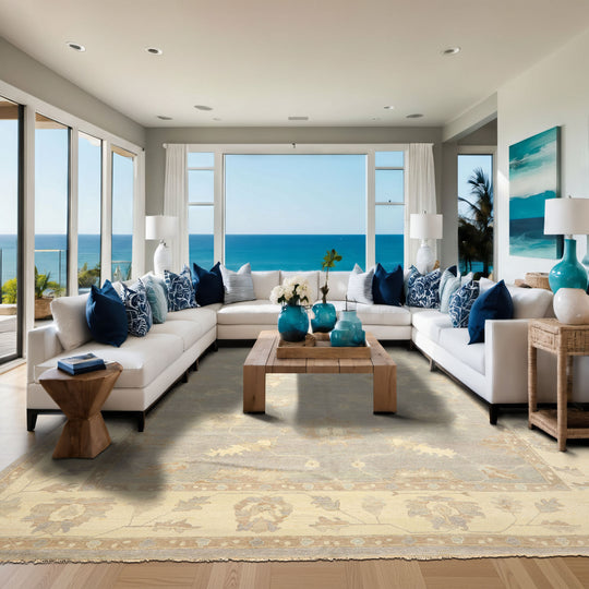 10x14 Hand Knotted Wool Gray, Ivory Oushak Traditional Washed Out Superior quality Rug