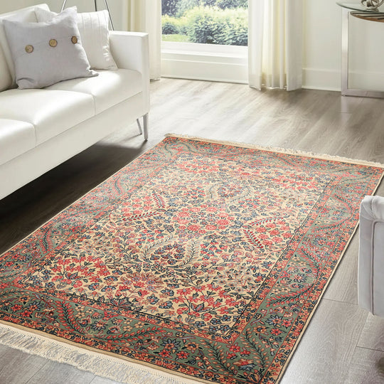 4x6 Hand Knotted New Zealand Wool Ivory, Aqua Kerman Traditional 200 KPSI Rug