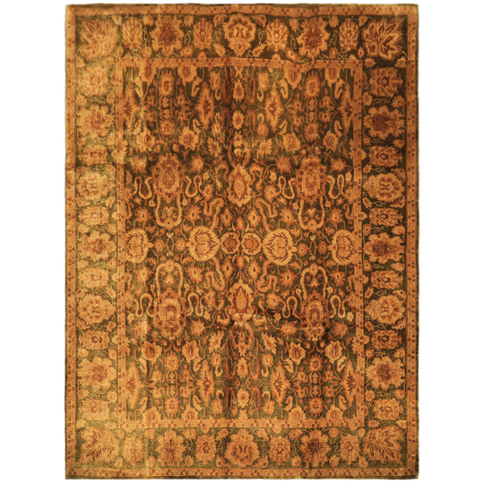 9'2''x12 Hand Knotted Wool Green Gold Agra Traditional Silky Sheen Gold Wash Rug