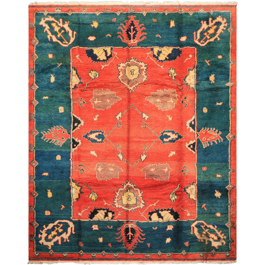 9'3''x10'11'' Hand Knotted Wool Coral Turquoise Authentic Turkish Oushak Arts & Crafts Vegetable dyes Rug