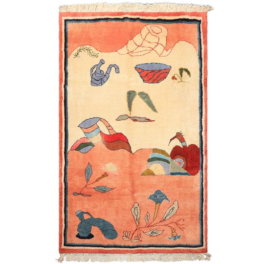 6'1''x9'8'' Hand Knotted Wool Ivory Blush Gabbeh Modern & Contemporary Pictorial Plush Pile Vegetable dyes Rug
