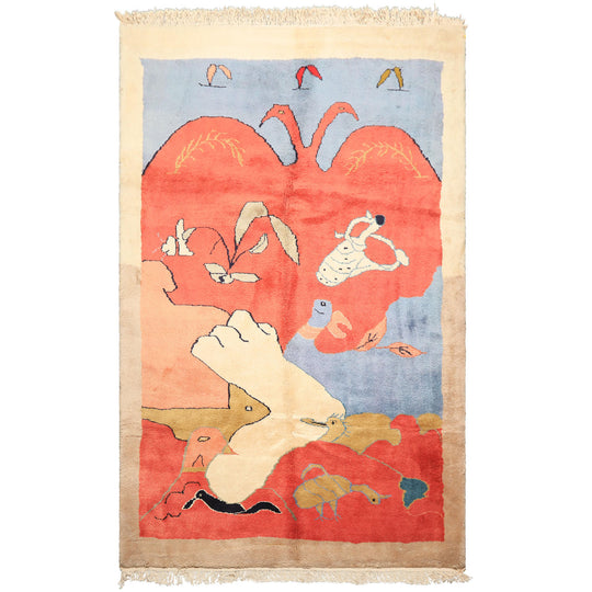 6'3''x9'9'' Hand Knotted Wool Coral Ivory Gabbeh Modern & Contemporary Pictorial Plush Pile Vegetable dyes Rug