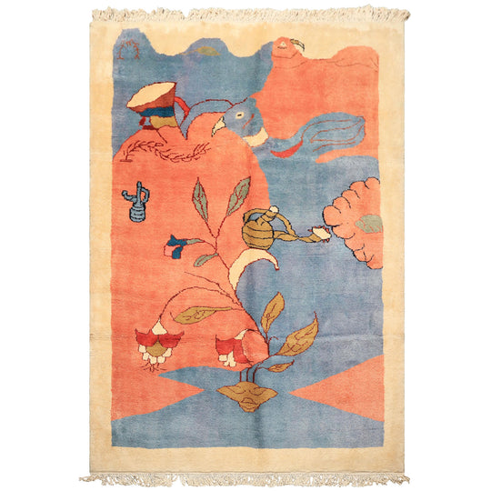 6'7''x9'8'' Hand Knotted Wool Blue Blush Gabbeh Modern & Contemporary Pictorial Plush Pile Vegetable dyes Rug