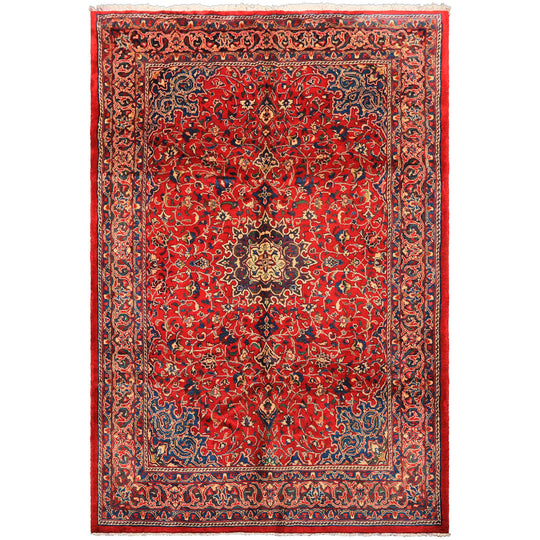 7'3''x10'10'' Hand Knotted Wool Red Aqua Sarouk Traditional Plush Pile Vintage Rug