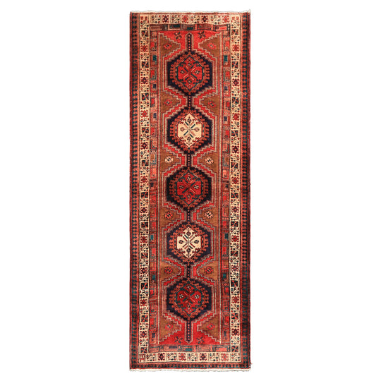 4x11'1'' Hand Knotted Wool Navy Brown Hamadan Traditional Geometric Vintage Medallion Vegetable dyes Rug