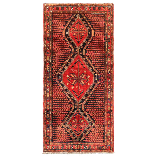 4'10''x10'3'' Hand Knotted Wool Red Charcoal Hamadan Traditional Medallion Vintage Vegetable dyes Rug