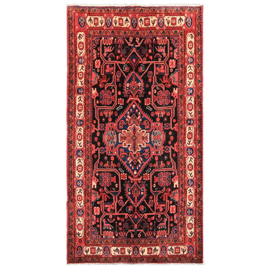 5'1''x9'10'' Hand Knotted Wool Black Red Heriz Traditional Pictorial Geometric Vegetable dyes Rug