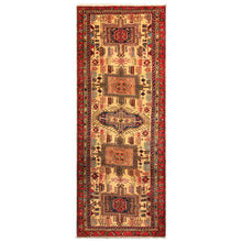 Runner Light Gold, Coral, Navy Color Hand Knotted Kurdish Hamadan Wool Traditional Oriental Rug
