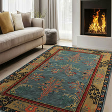 5x8 Hand Tufted Wool Arts & Crafts Rug Turquoise, Gold Traditional Donegal Rug