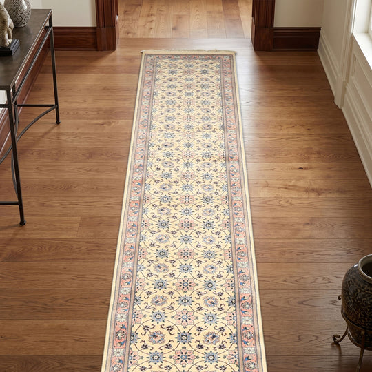 2'6''x16'5'' Runner Hand Knotted Wool Ivory, Rose Pak Persian Kashan Traditional 300 KPSI Trellis Botanical Rug