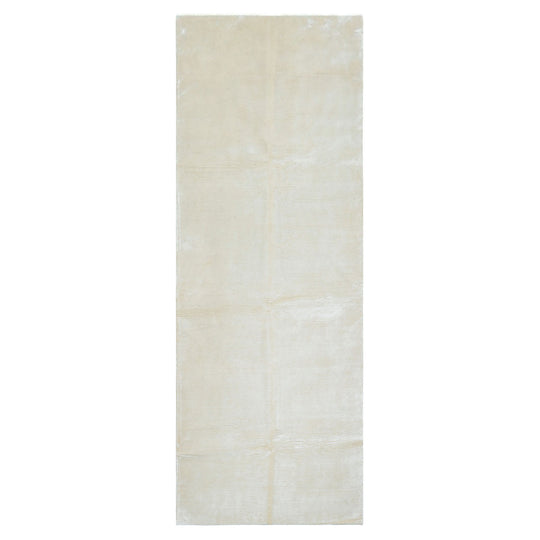 4'10''x11'10'' Runner Hand Knotted Viscose Off White, Tibetan Modern & Contemporary Ultra Chic Designer Rug