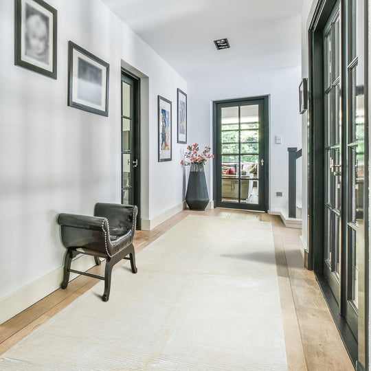 4'10''x11'10'' Runner Hand Knotted Viscose Off White, Tibetan Modern & Contemporary Ultra Chic Designer Rug