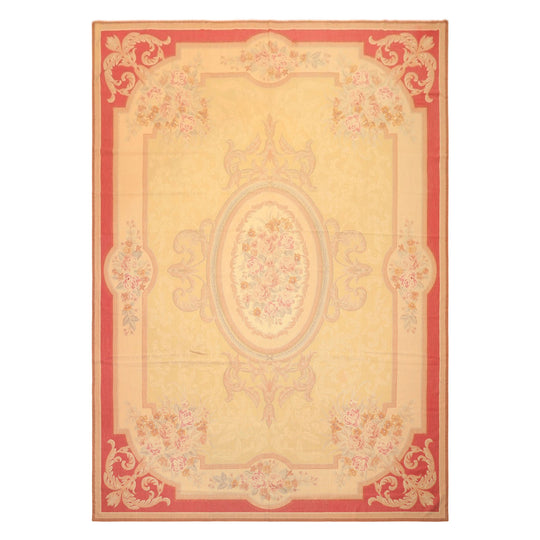 7'9''x10'10'' Hand Woven Wool Pale Gold, Rose French Aubusson Needlepoint Traditional Classic Medallion Ornate Rug