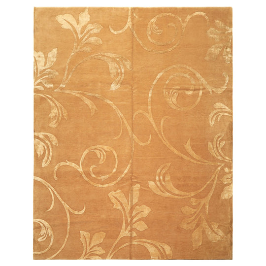8x10 Hand Knotted Wool & Pure Silk Tone on Tone Gold, Premium Tibetan Transitional Embossed Tibetano Designer Botanical motifs Rug
