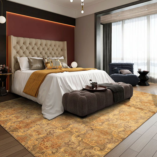 7'11''x9'9'' Hand Knotted Wool Brown, Gold Indo Tibetan Transitional Rug