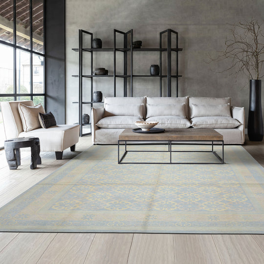 8x10 Hand Knotted Wool Blue, Ivory Premium Tibetan Transitional Tibetano Designer Rug