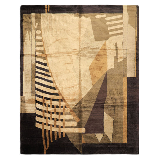 8x10 Hand Knotted Wool & Pure Silk Charcoal, Olive Premium Tibetan Art Deco Tibetano Designer Rug