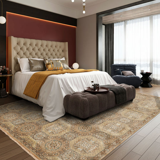 7'11''x9'11'' Hand Knotted Wool & Silk Beige, Tan Bakhtiari Transitional Floral 150 KPSI Rug