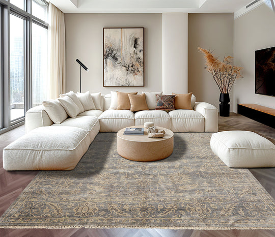 8'2''x9'10'' Hand Knotted Wool Gray, Beige Oushak Transitional Rug