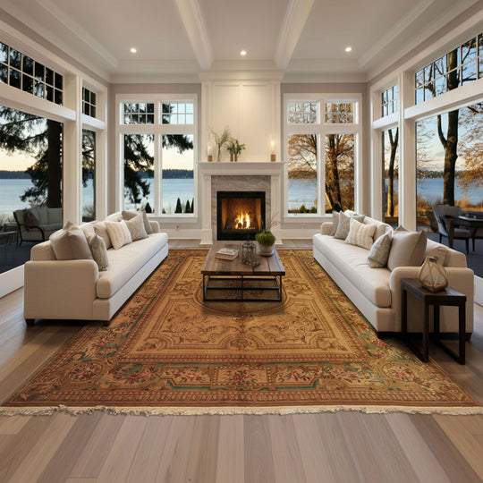8'6''x11'6'' Hand Knotted Wool Tan, Rose French Aubusson Savonnerie Traditional Rug