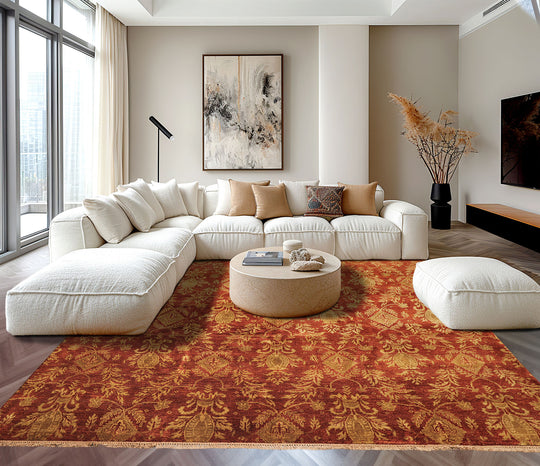 Multi Size Hand Knotted Wool Burnt Orange, Gold Agra Transitional Rug