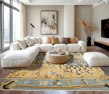 8x10 Light Gold, Aqua, Black Color Hand Knotted Oushak Wool Modern & Contemporary Oriental Rug
