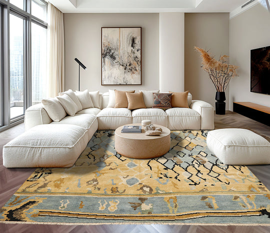 8x9'9'' Hand Knotted Wool Light Gold, Aqua Oushak Modern & Contemporary Rug