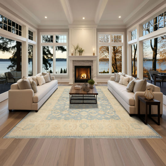 9x12 Hand Knotted Wool Aqua, Ivory Chobi Peshawar Traditional Rug