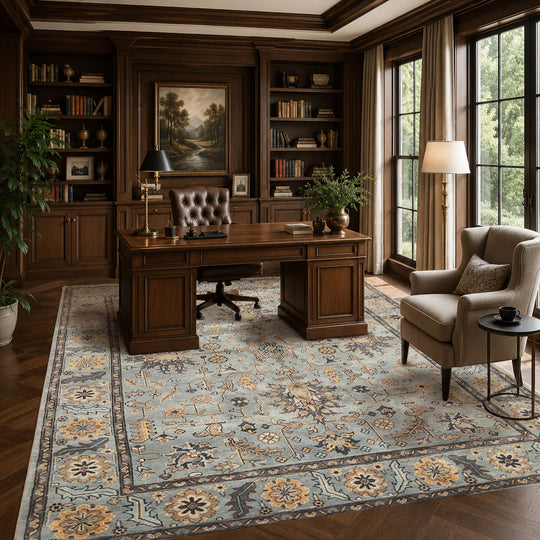 7'11''x10 Hand Knotted Wool Aqua, Gray Oushak Arts & Crafts Traditional Rug