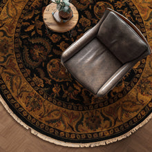 8' Round Black, Gold, Maroon Color Hand Knotted Agra Wool Traditional Oriental Rug